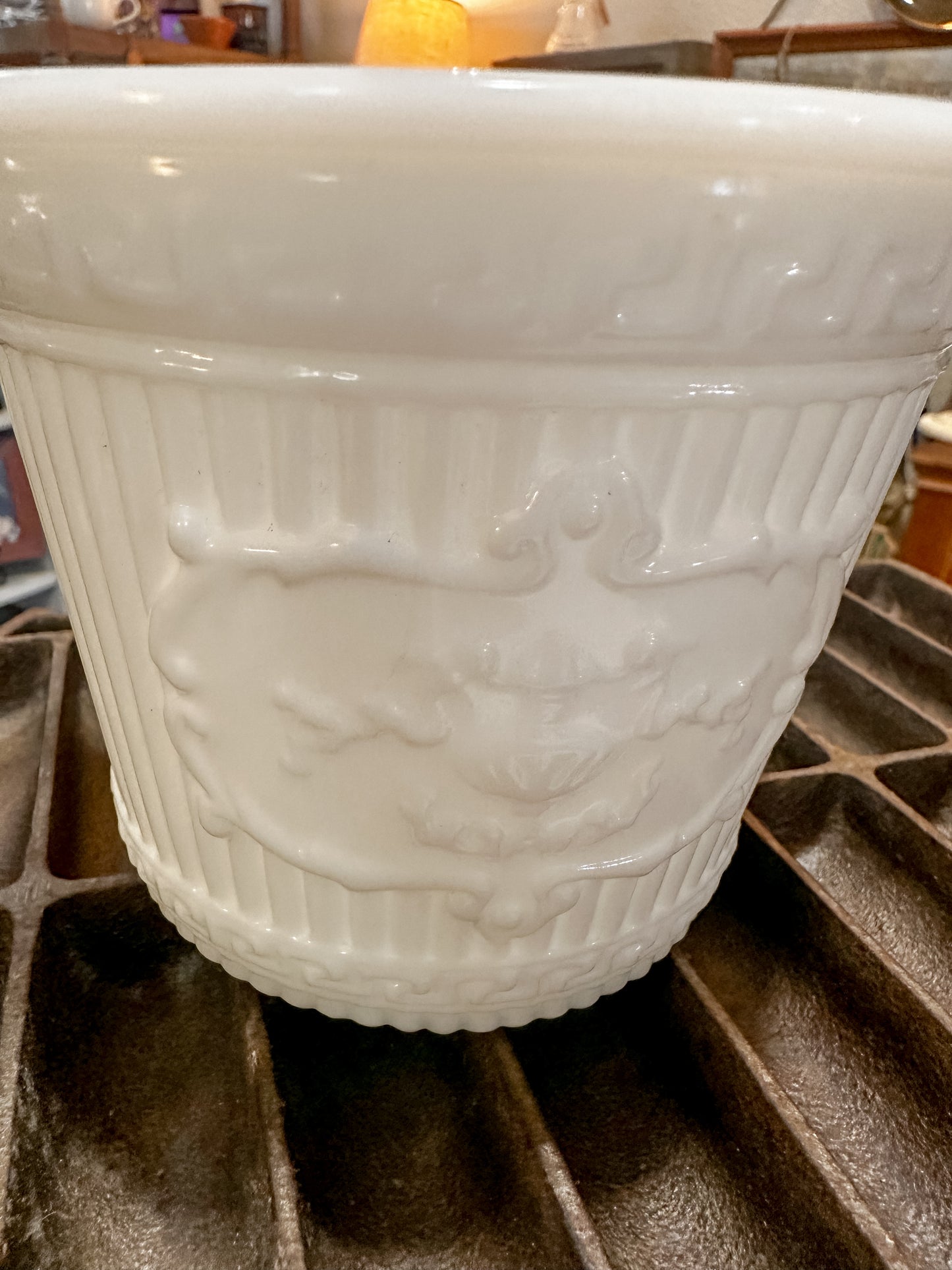 Vintage 20th C. Milk Glass Cache Pot Planter Opalescent Pressed 1980s RETRO