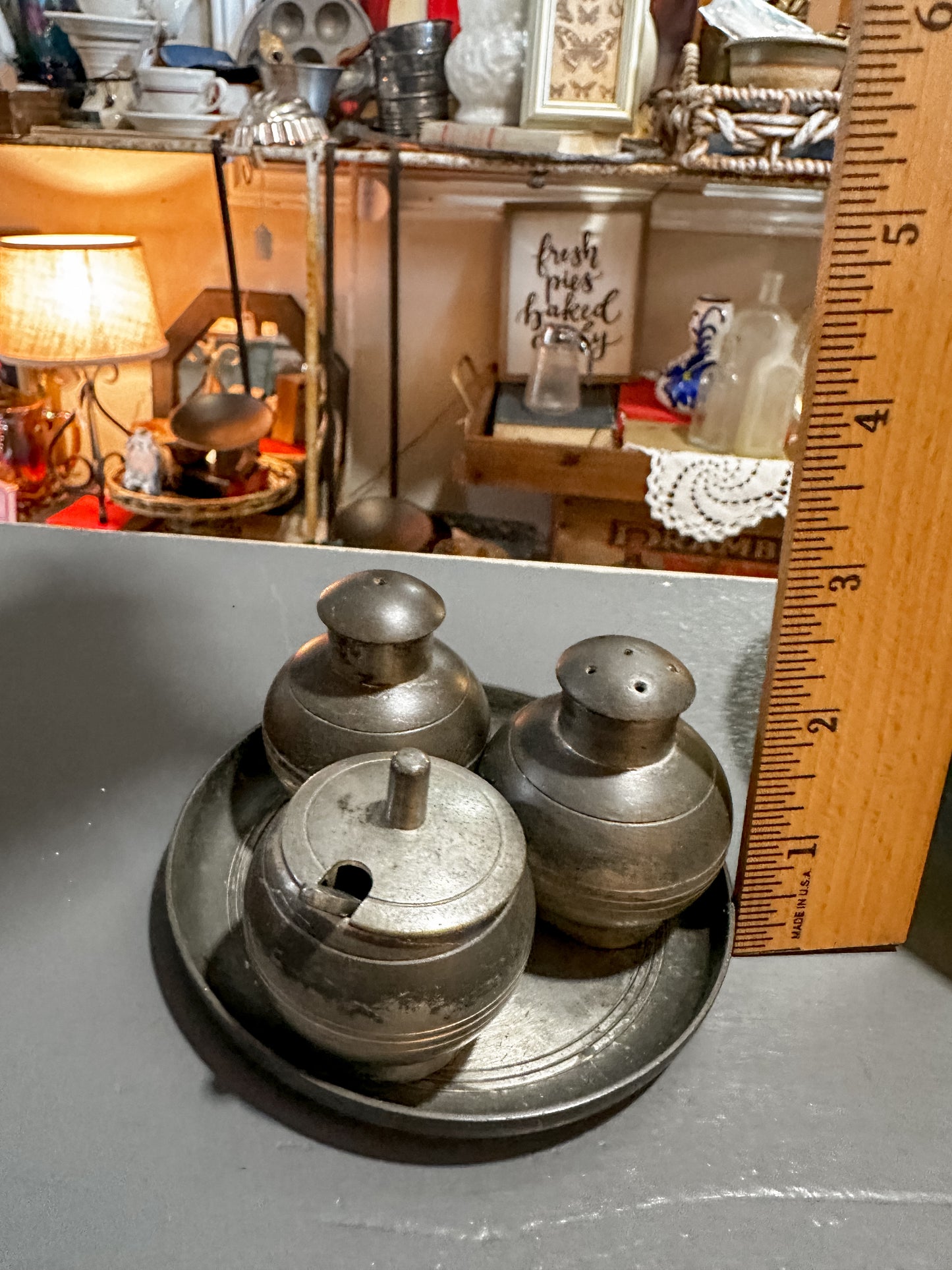 Antique Pewter Salt & Pepper Shaker, mustard pot and tray