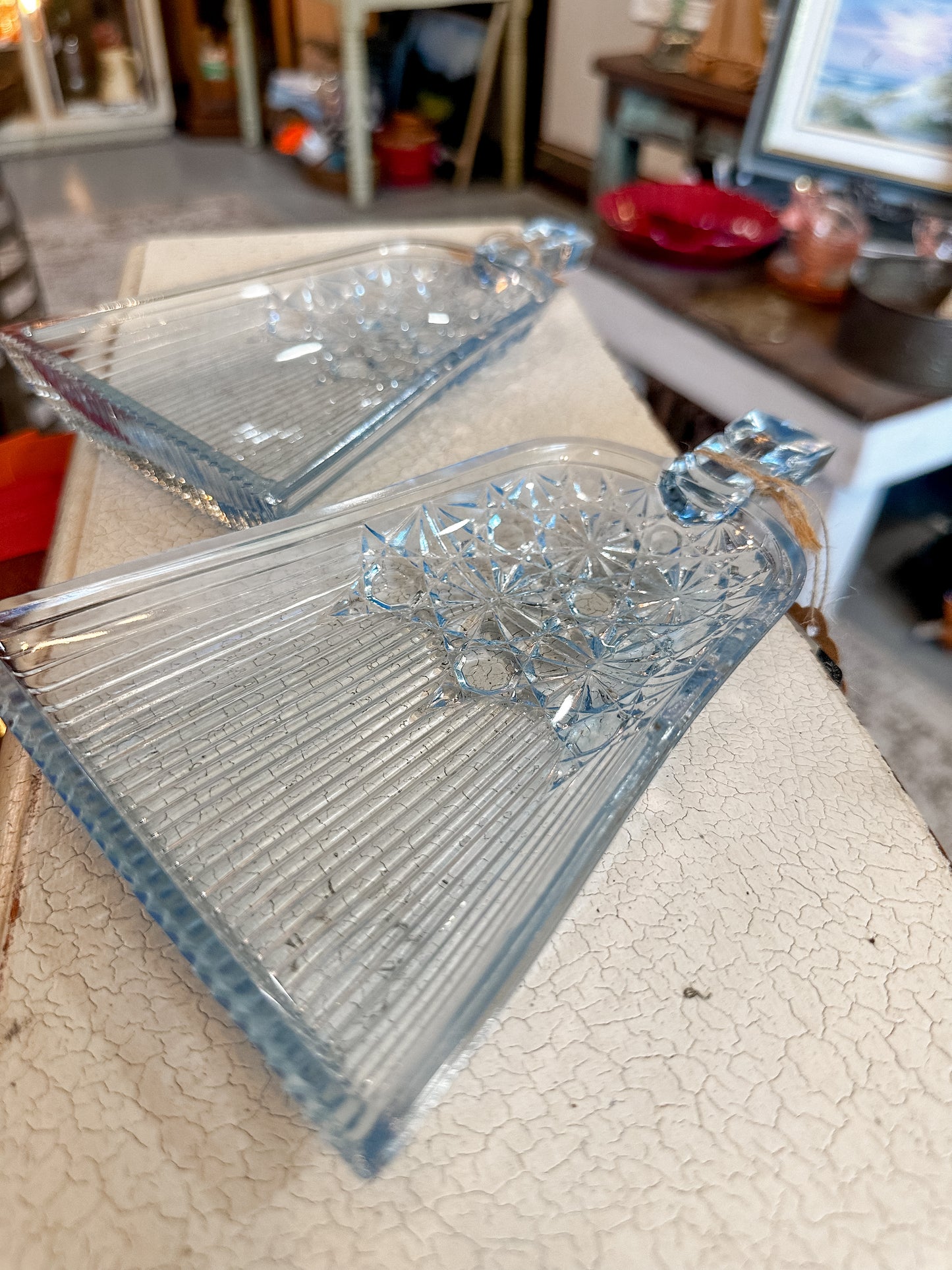 RARE Find! ANTIQUE EAPG PRESSED GLASS DAISY AND BUTTON Blue DUSTPAN TRAYS (priced individually)