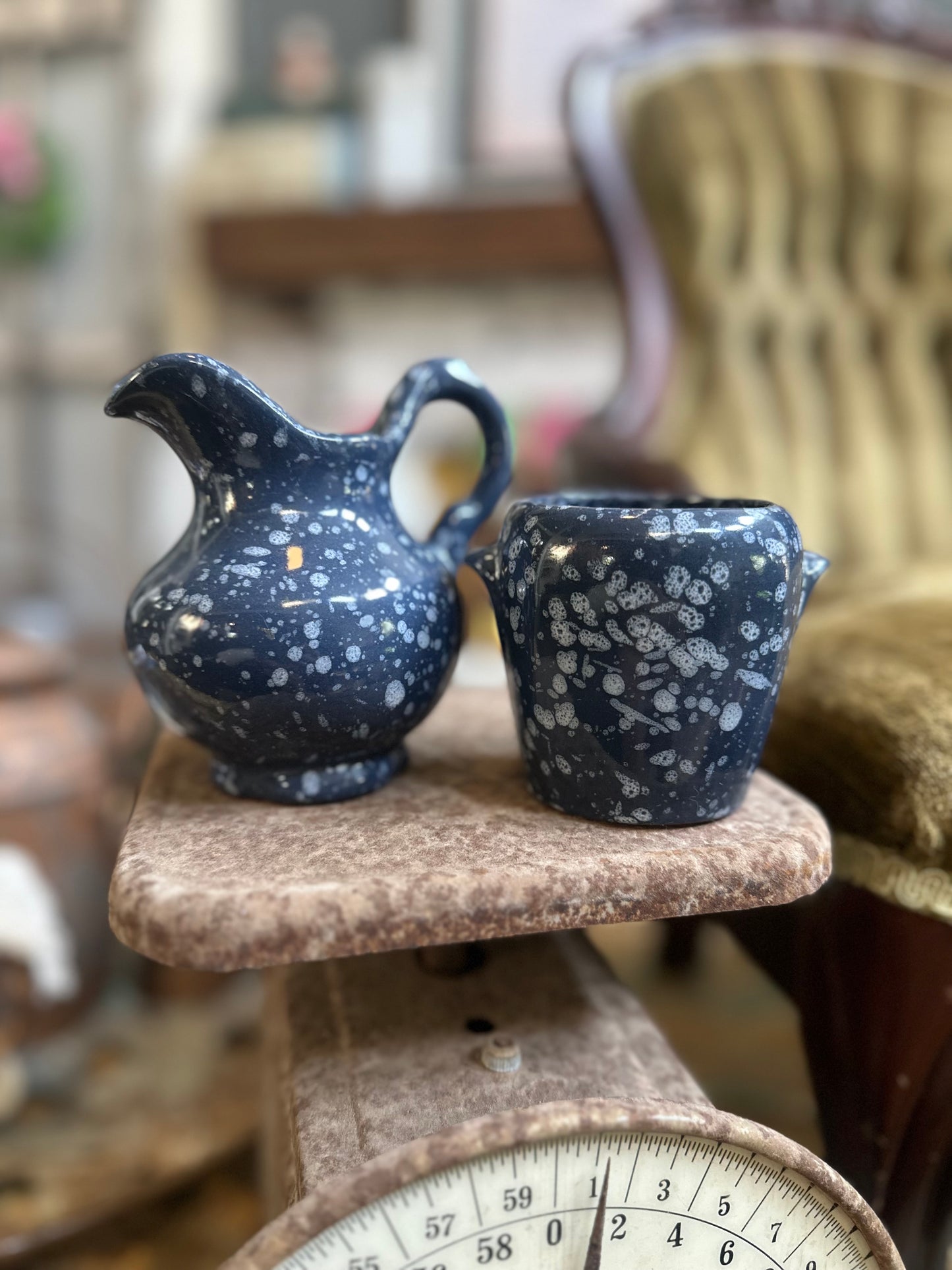 Vintage Frankoma Pottery Blue Speckled Pitcher and Small Crock Set