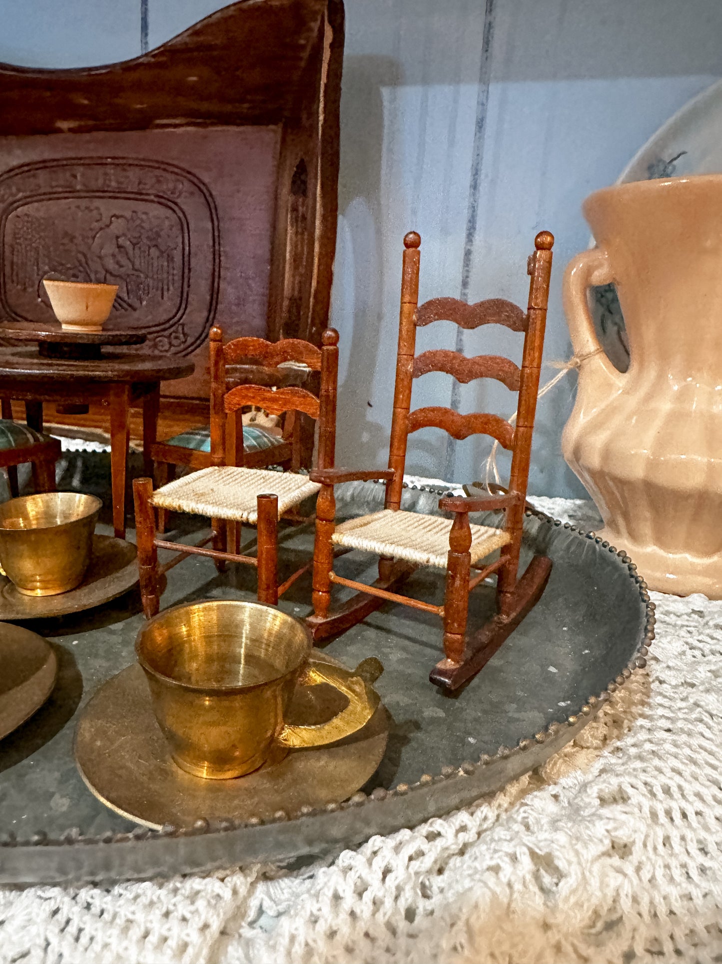 Vintage Doll house set, and brass Tea Cups. Sold as a lot