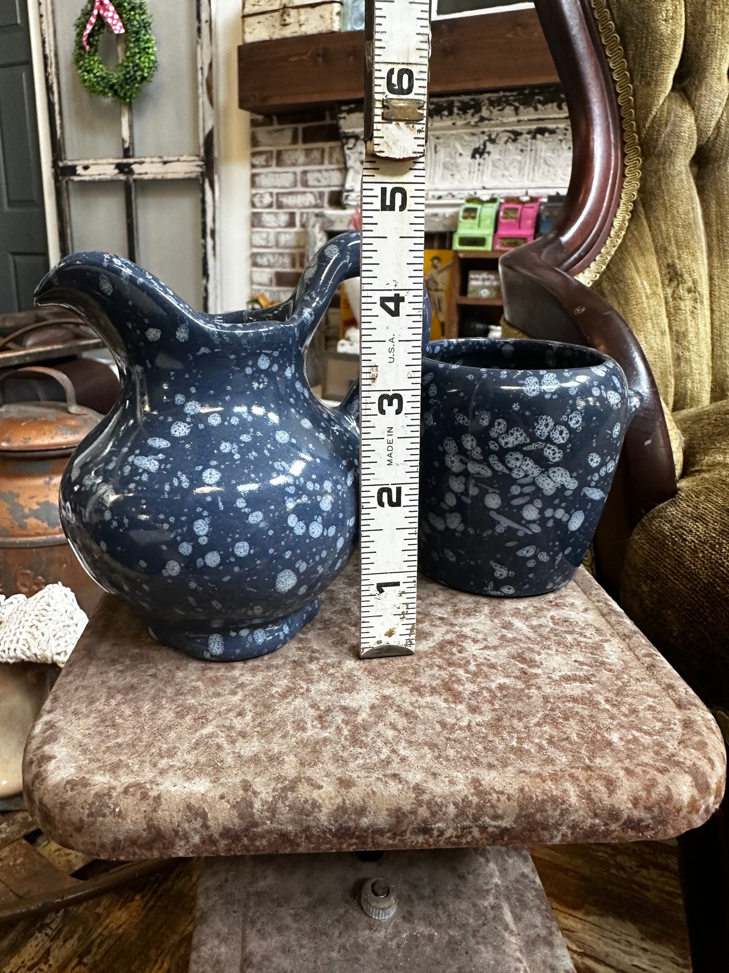 Vintage Frankoma Pottery Blue Speckled Pitcher and Small Crock Set