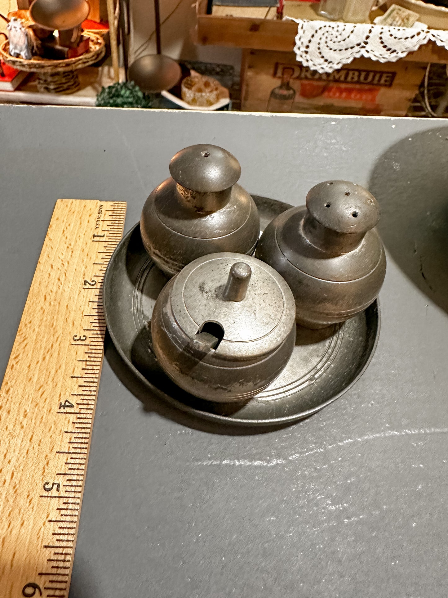 Antique Pewter Salt & Pepper Shaker, mustard pot and tray
