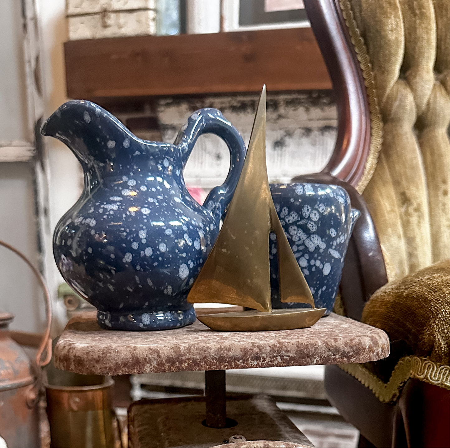 Vintage Frankoma Pottery Blue Speckled Pitcher and Small Crock Set