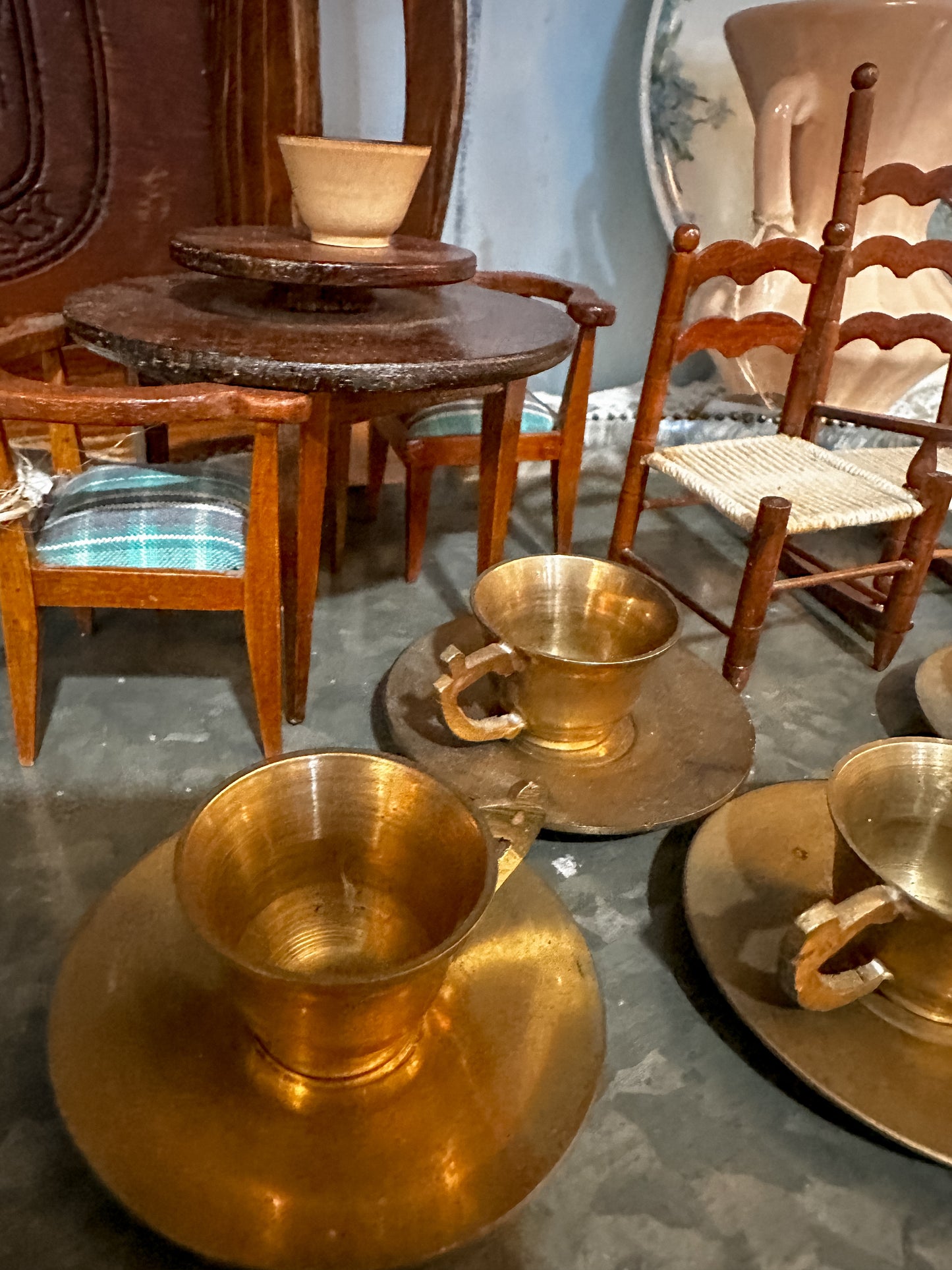 Vintage Doll house set, and brass Tea Cups. Sold as a lot