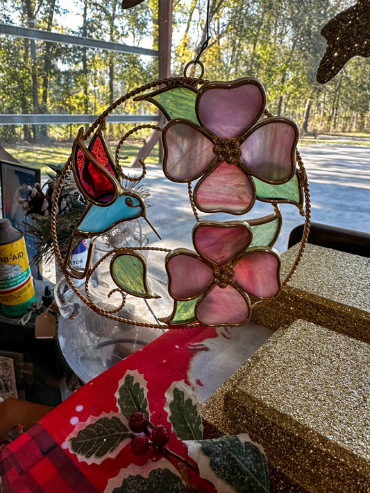 Stained Small Glass Decor Piece w/Hummingbird