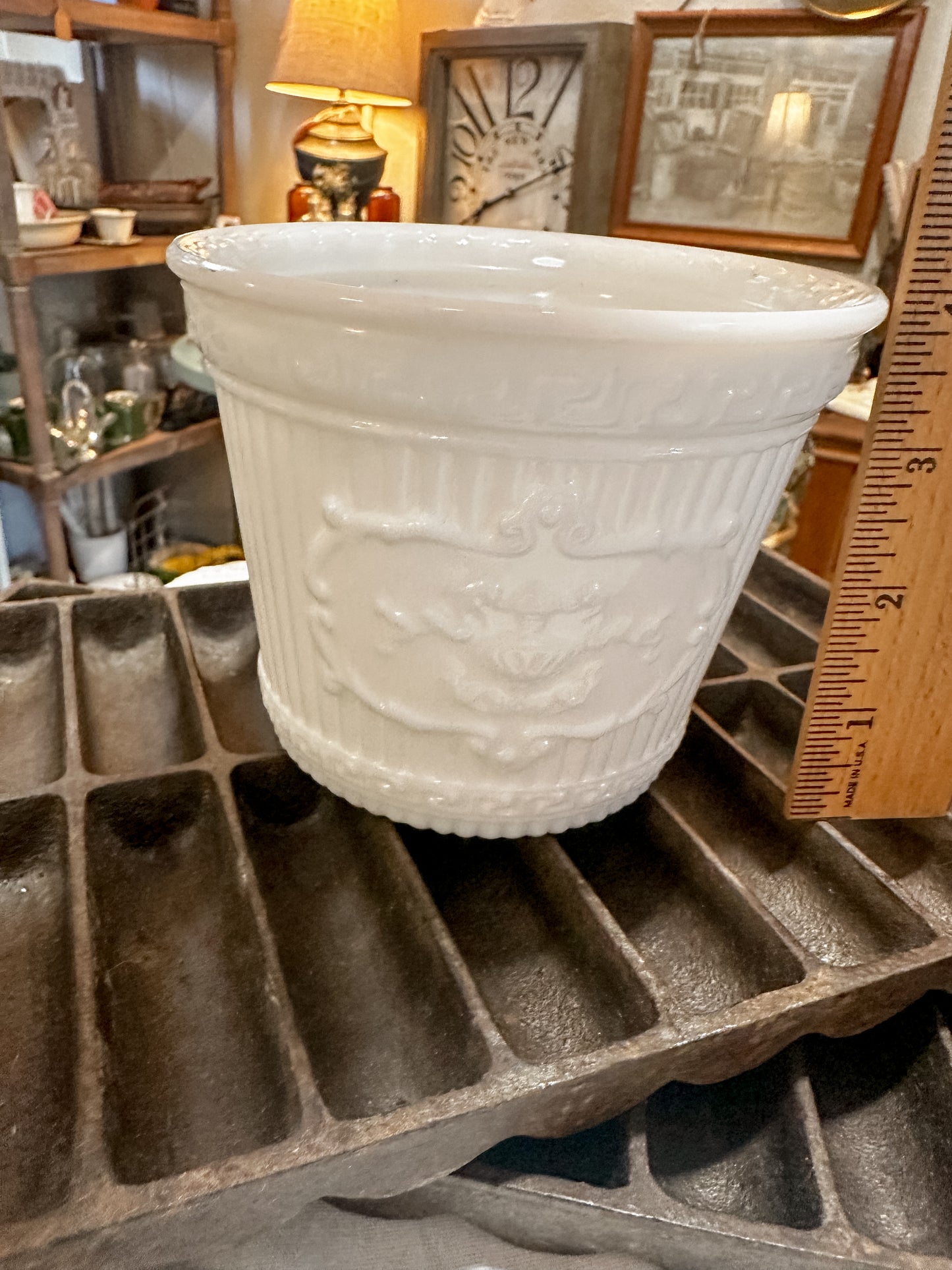 Vintage 20th C. Milk Glass Cache Pot Planter Opalescent Pressed 1980s RETRO
