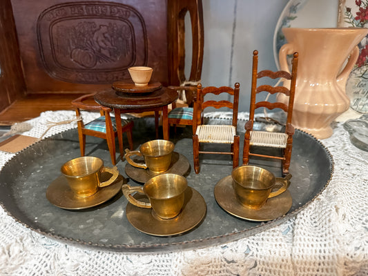 Vintage Doll house set, and brass Tea Cups. Sold as a lot