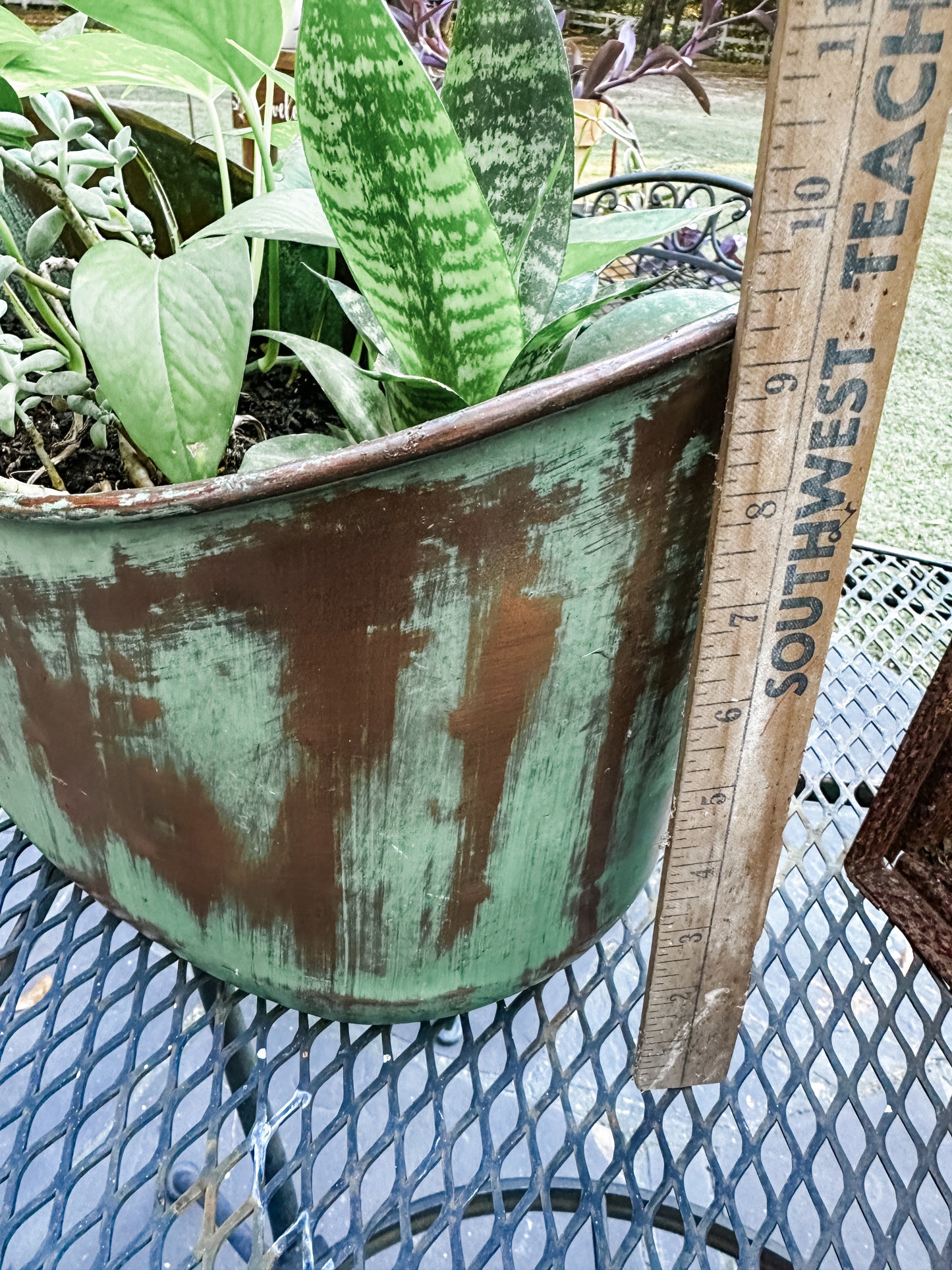Stunning one of a kind LIVE indoor plant arrangement! Metal/Brass patina basket! Pothos, snake plant, and succulents. Instant center piece. 🥰