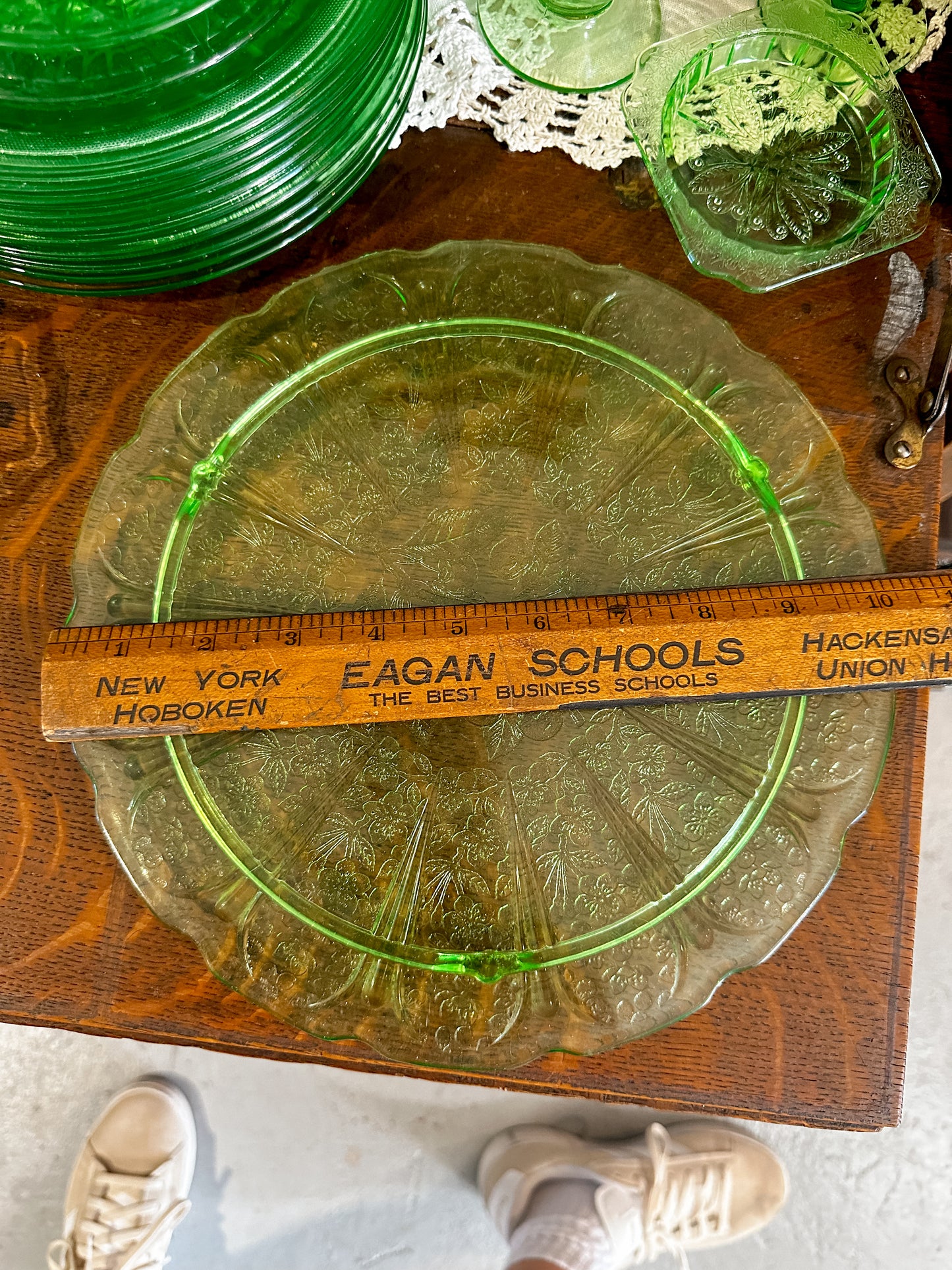 Antique Uranium Green Cherry Blossom footed cake plate.