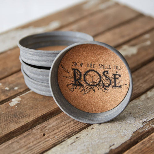 Set of Four Mason Jar Lid Coasters - Stop And Smell The Rose
