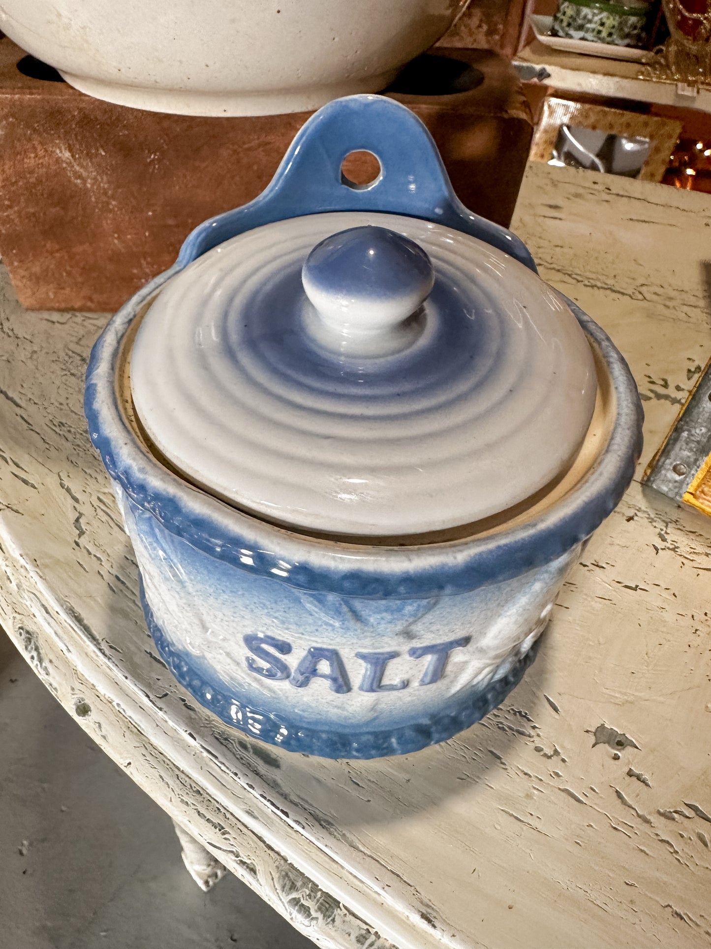 1940’s Vintage Stoneware Pottery Salt Crock Container with Lid Wall Mount Embossed Bird Pattern