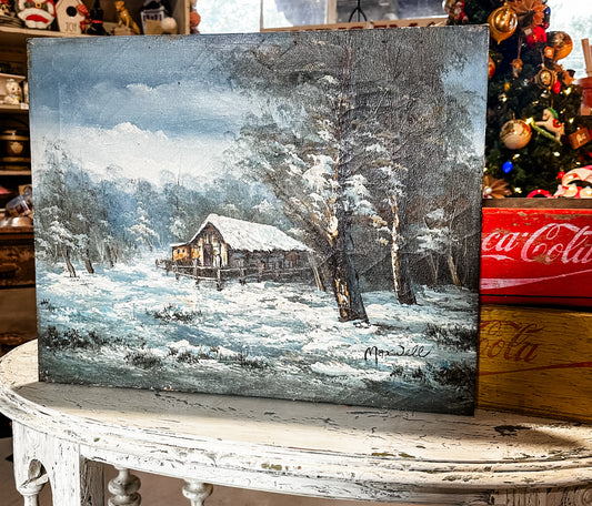 Vintage Winter Cabin Hand painted Canvas One of a Kind