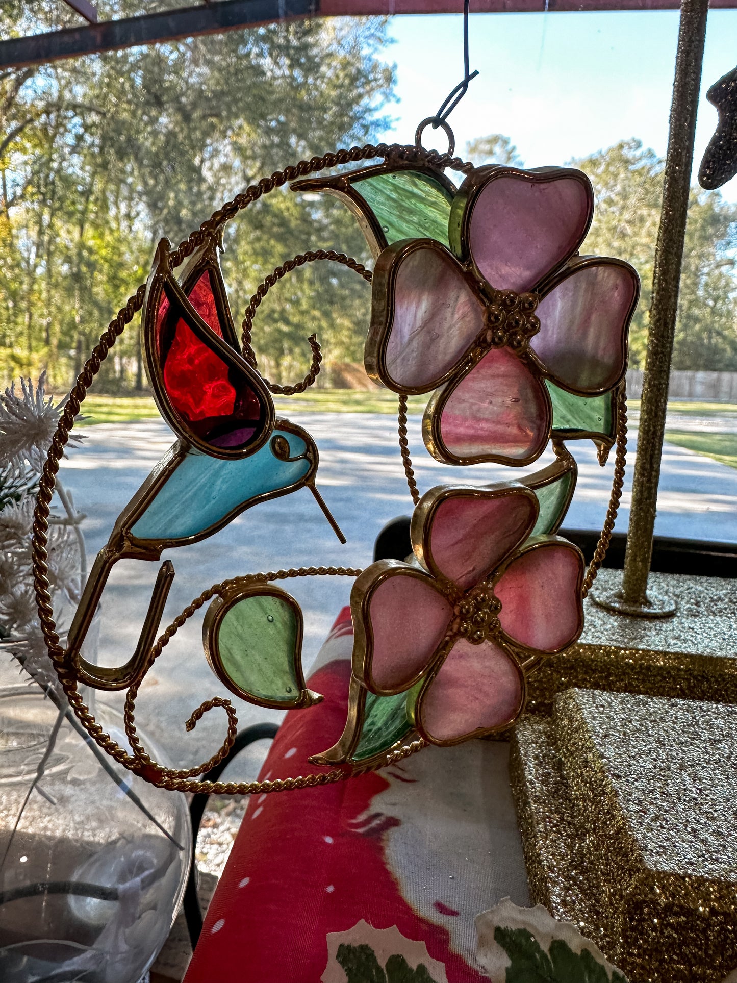 Stained Small Glass Decor Piece w/Hummingbird