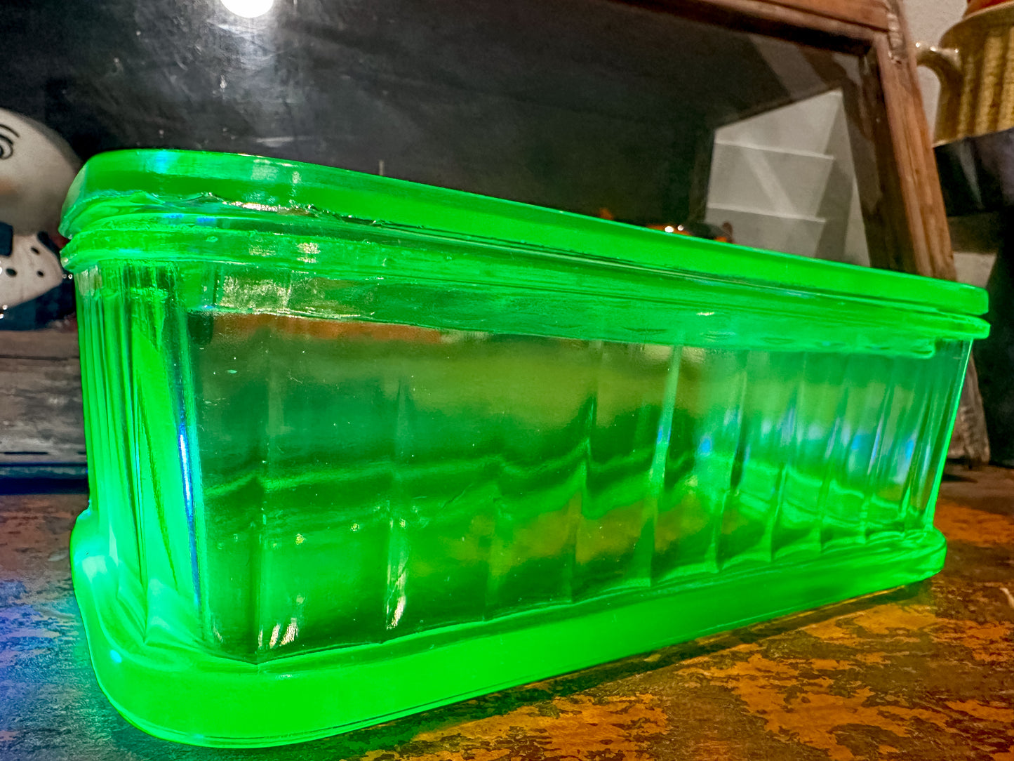 Vintage Green Depression Vaseline/Uranium Glass Refrigerator Dish-Portland Find