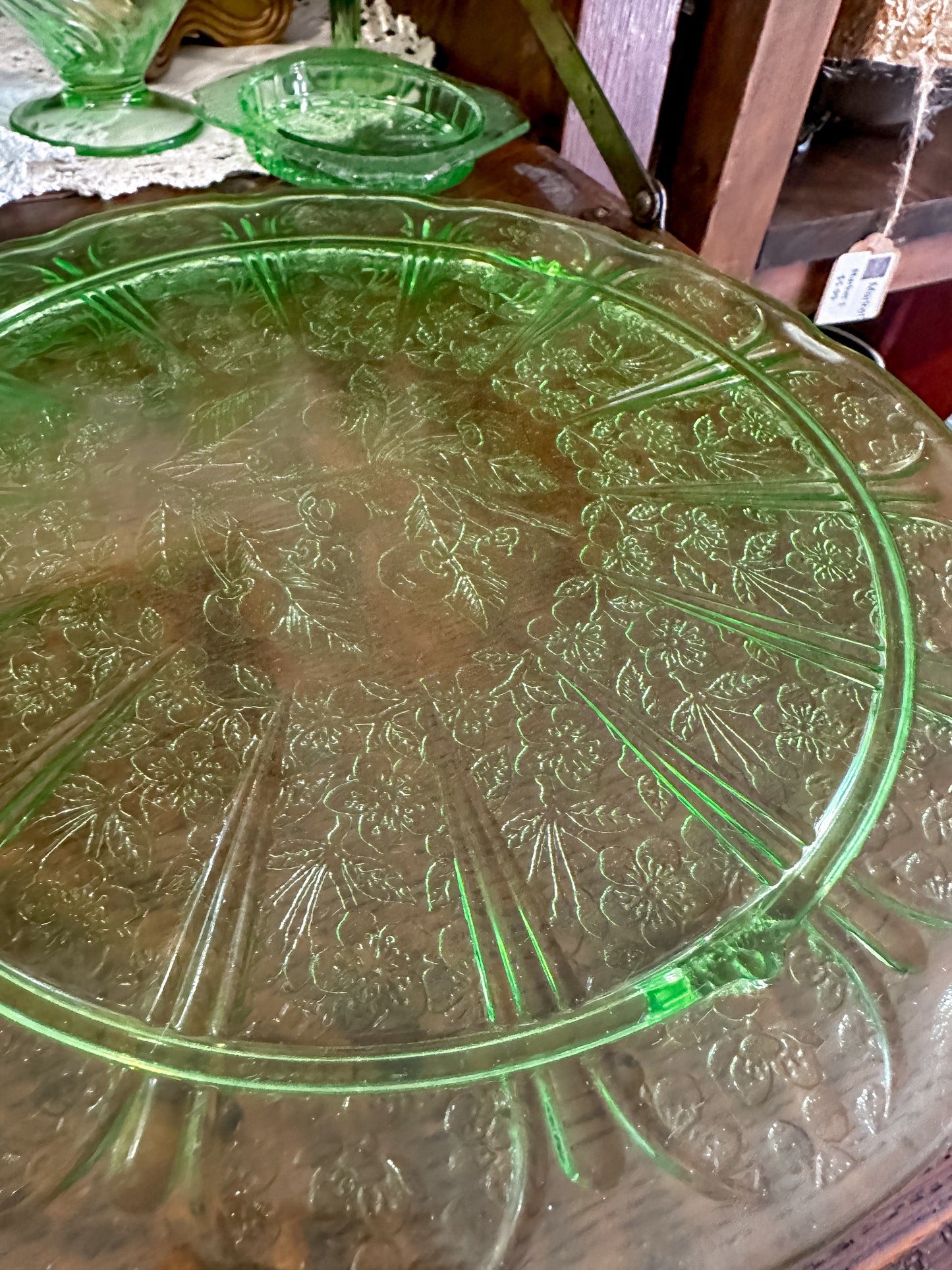 Antique Uranium Green Cherry Blossom footed cake plate.