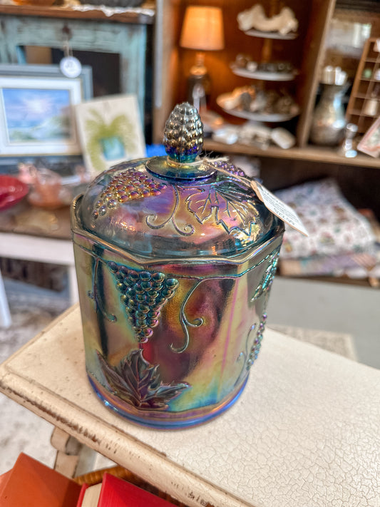 Vintage Indiana Iridescent Peacock Carnival Glass Blue Harvest Grape Lidded Canister or Cookie Jar