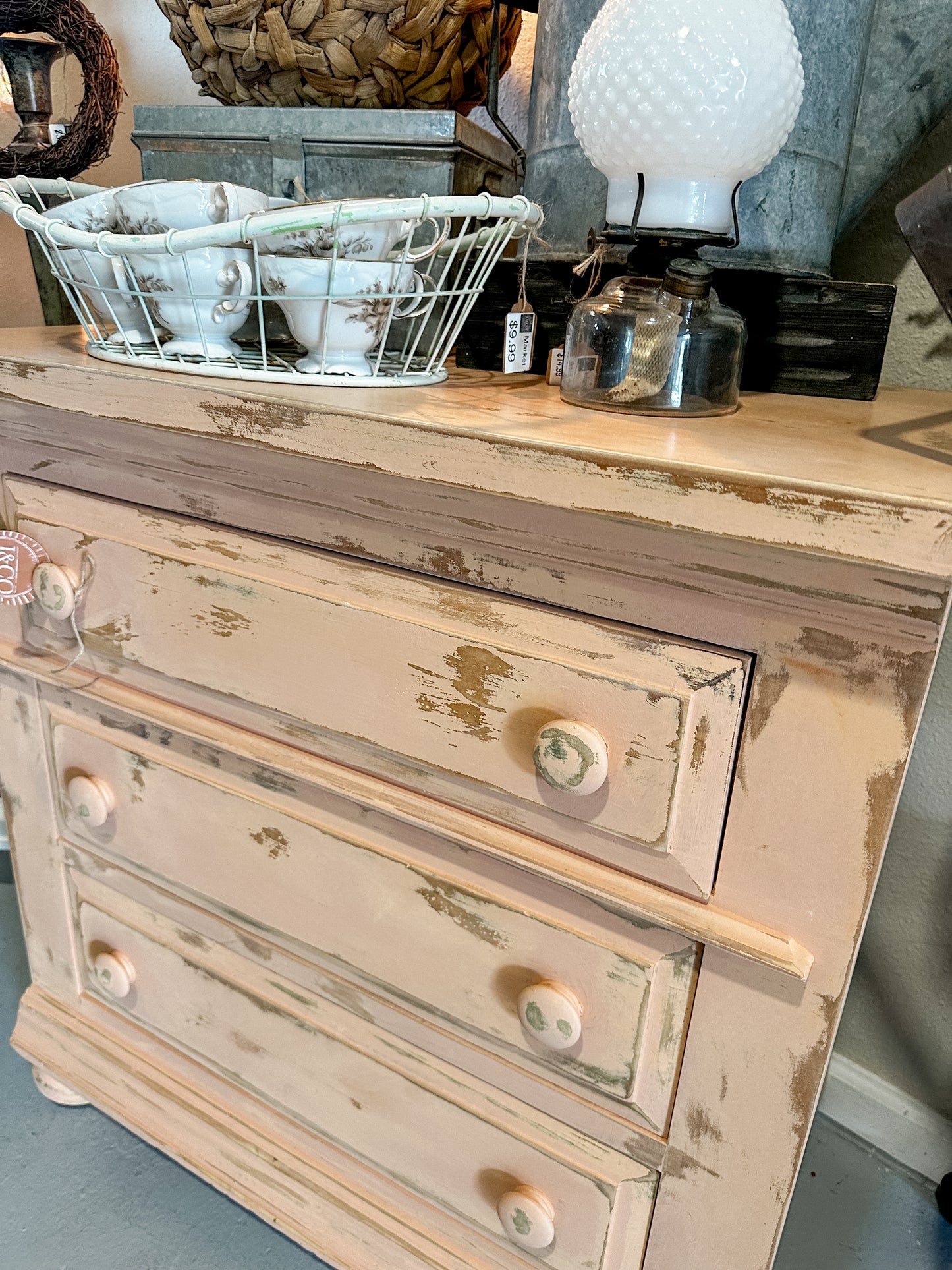 Vintage Broyhill Dresser Painted Coral and Distressed