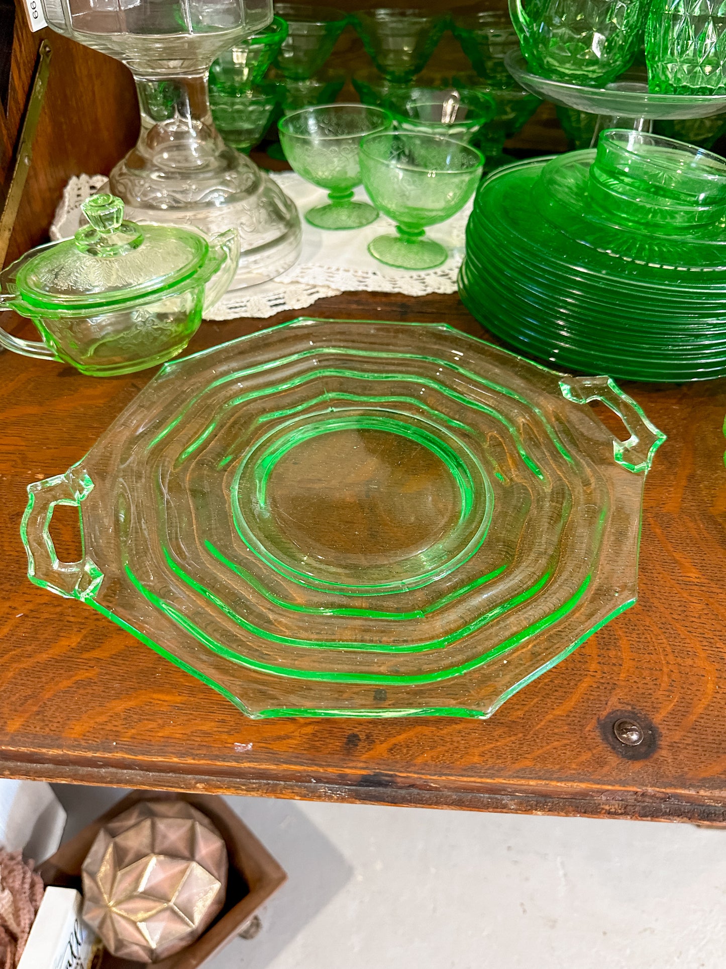 Antique Vaseline Uranium Glass Ocean Waves Platter from D.C. Jenkin's Glass