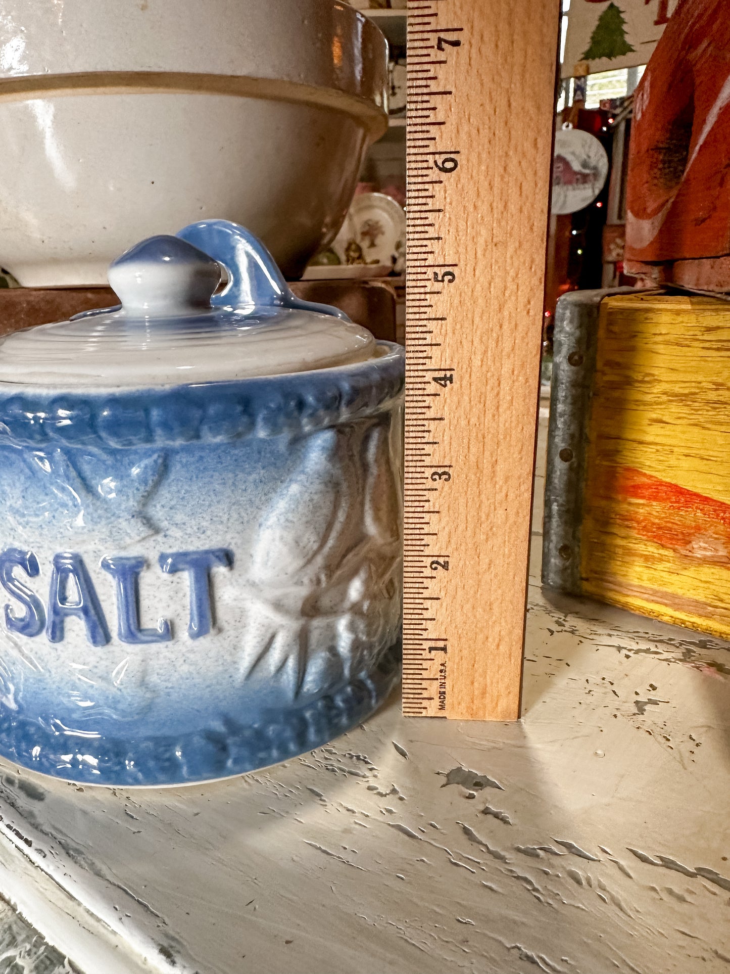 1940’s Vintage Stoneware Pottery Salt Crock Container with Lid Wall Mount Embossed Bird Pattern