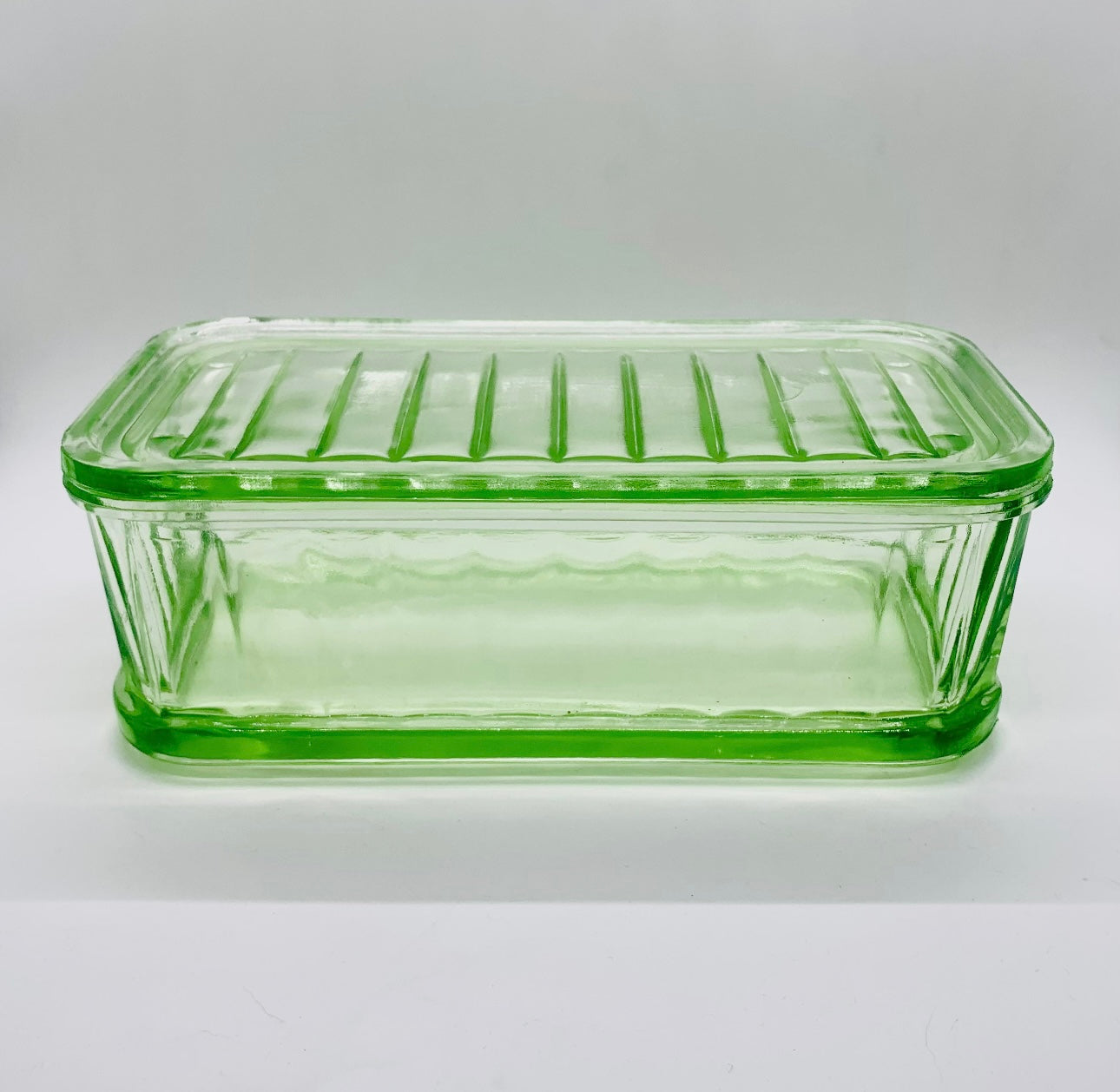 Vintage Green Depression Vaseline/Uranium Glass Refrigerator Dish-Portland Find