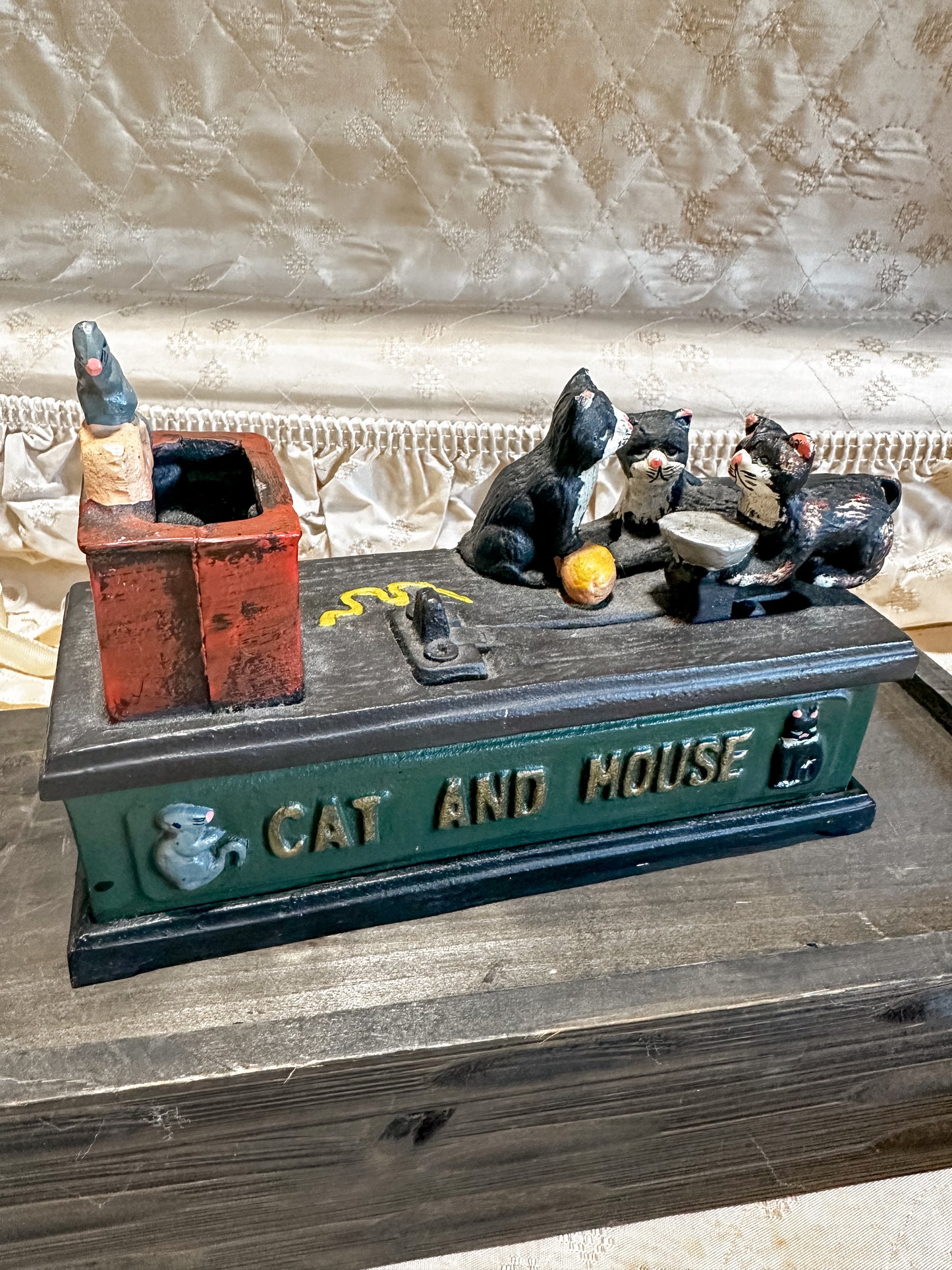 Vintage Cast Iron Cat and Mouse Bank