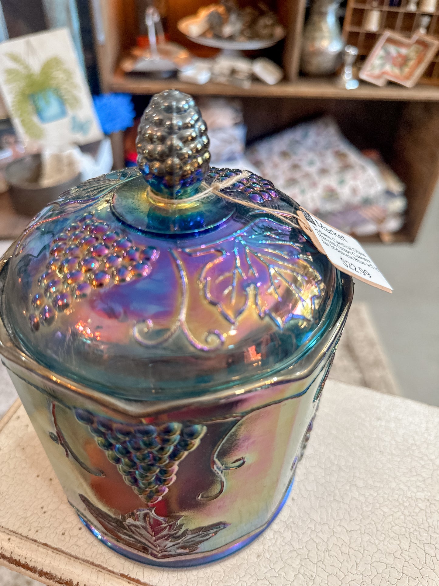 Vintage Indiana Iridescent Peacock Carnival Glass Blue Harvest Grape Lidded Canister or Cookie Jar