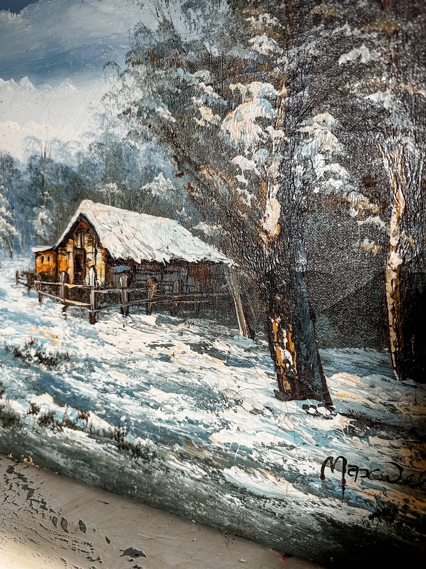 Vintage Winter Cabin Hand painted Canvas One of a Kind