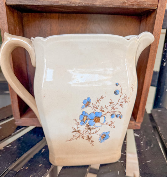 Vintage Stained and Crazed Darling Large Blue Floral Pitcher
