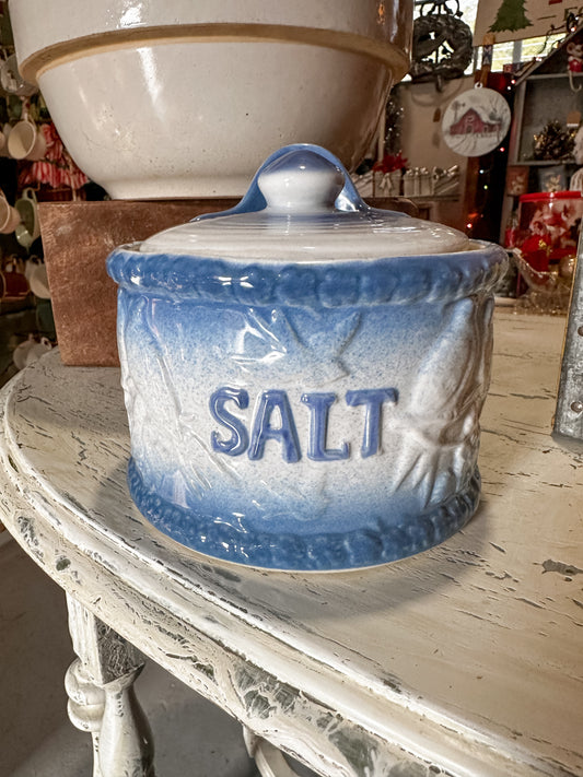 1940’s Vintage Stoneware Pottery Salt Crock Container with Lid Wall Mount Embossed Bird Pattern