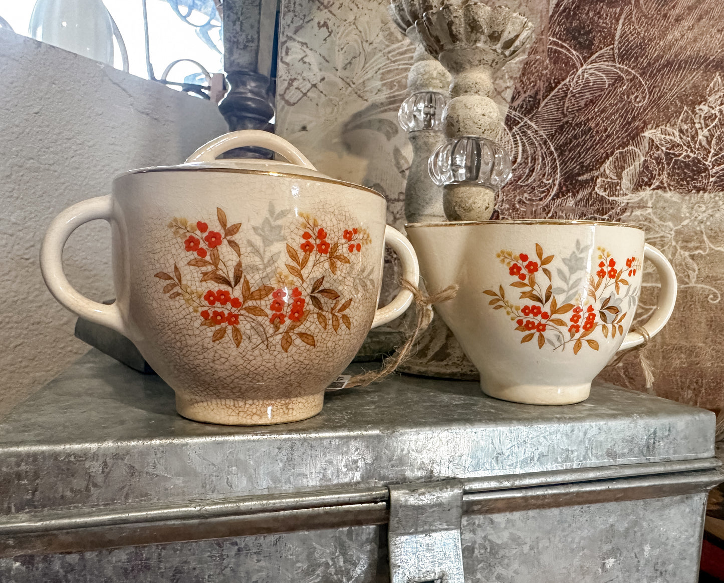 Vintage Sugar & Creamer Set-Stained & Crazed Beautifully! Video included