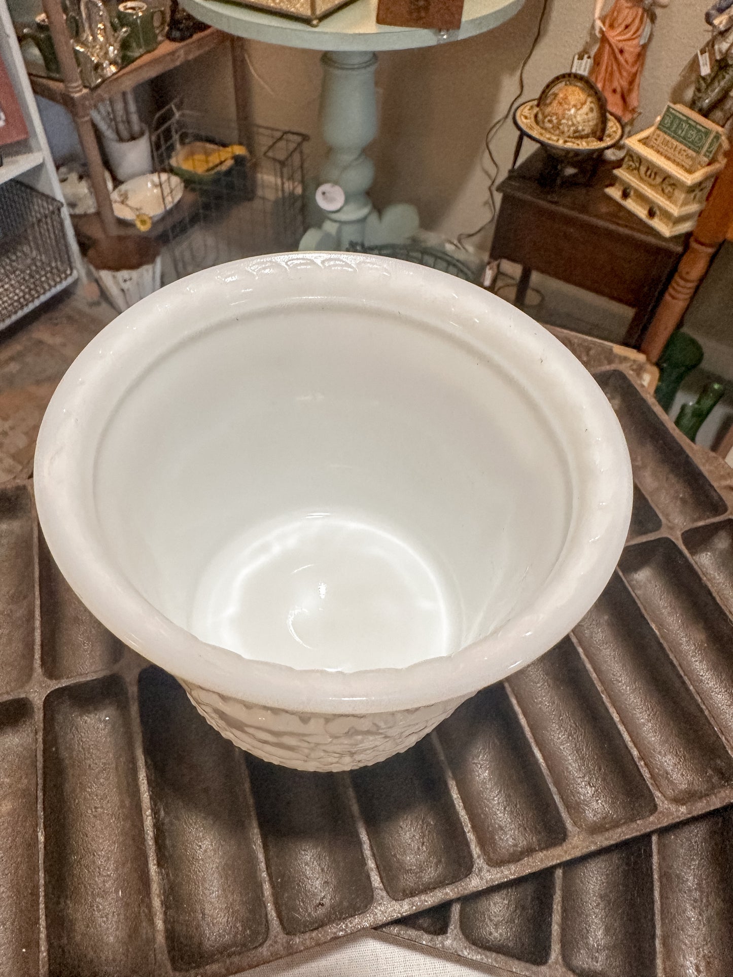 Vintage 20th C. Milk Glass Cache Pot Planter Opalescent Pressed 1980s RETRO