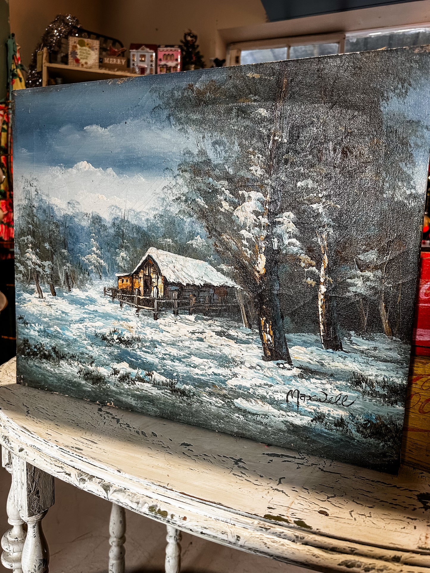 Vintage Winter Cabin Hand painted Canvas One of a Kind