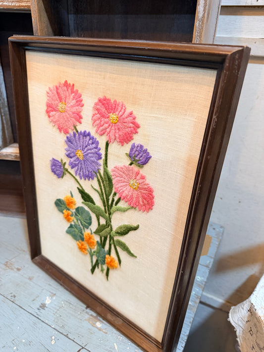 Beautiful Vintage Crewel Floral Embroidery Art