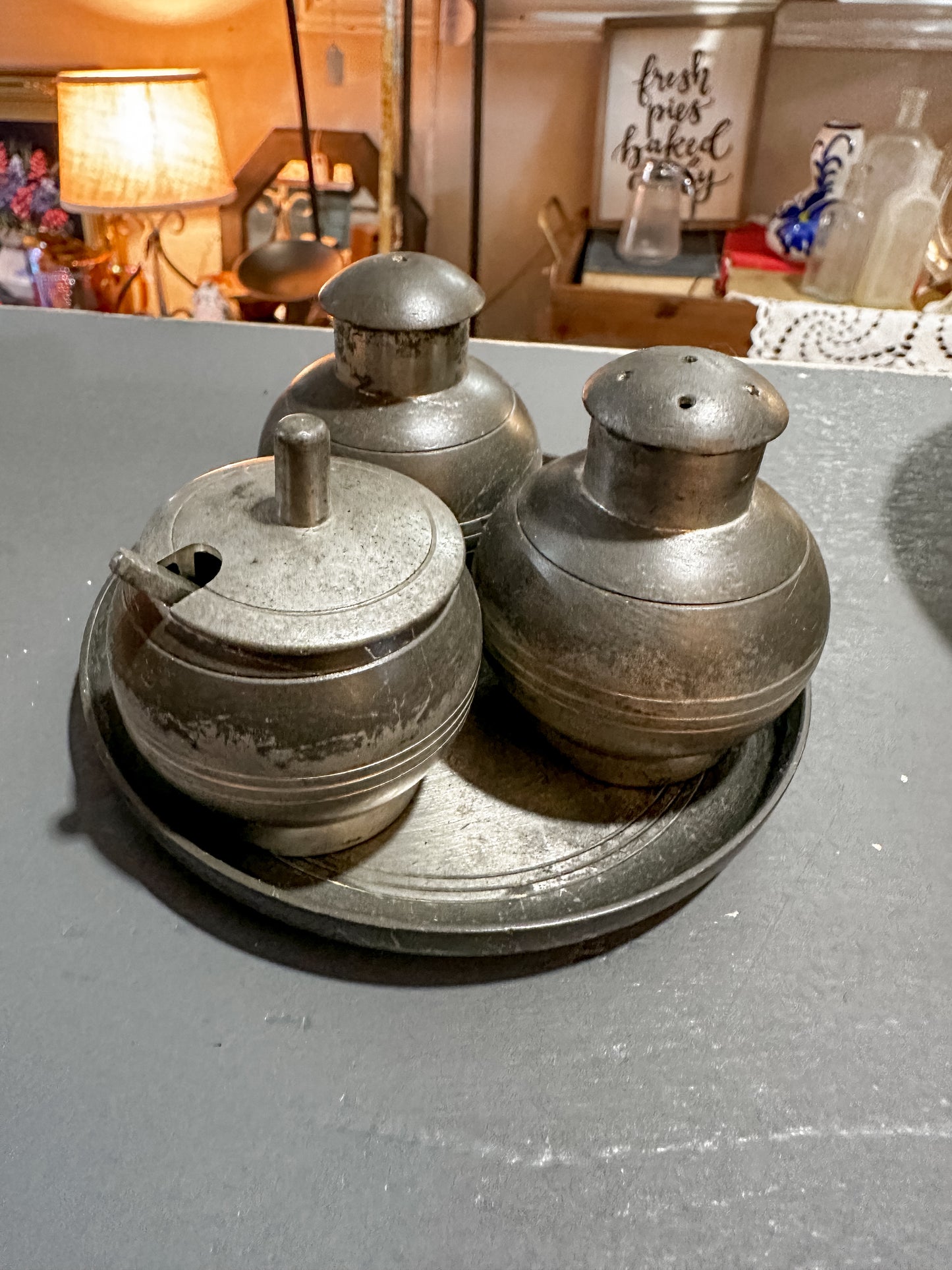 Antique Pewter Salt & Pepper Shaker, mustard pot and tray