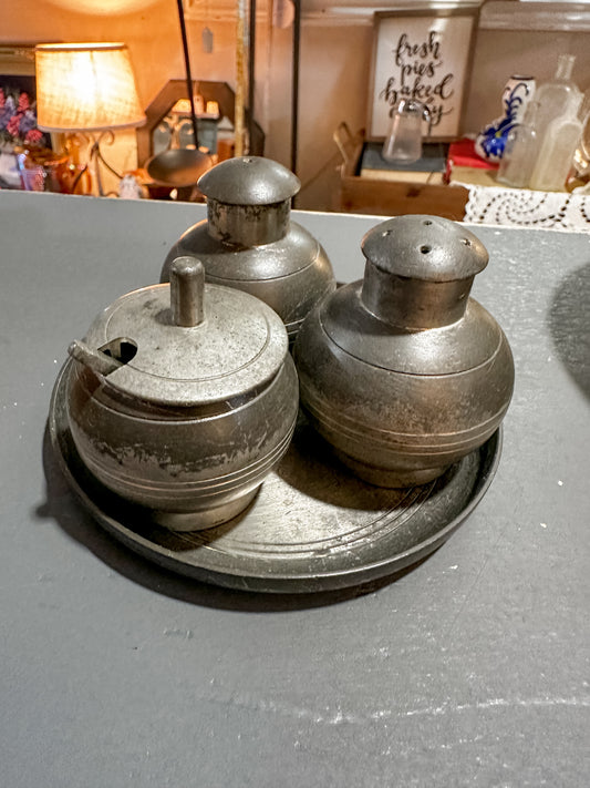 Antique Pewter Salt & Pepper Shaker, mustard pot and tray
