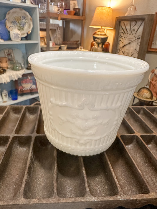Vintage 20th C. Milk Glass Cache Pot Planter Opalescent Pressed 1980s RETRO