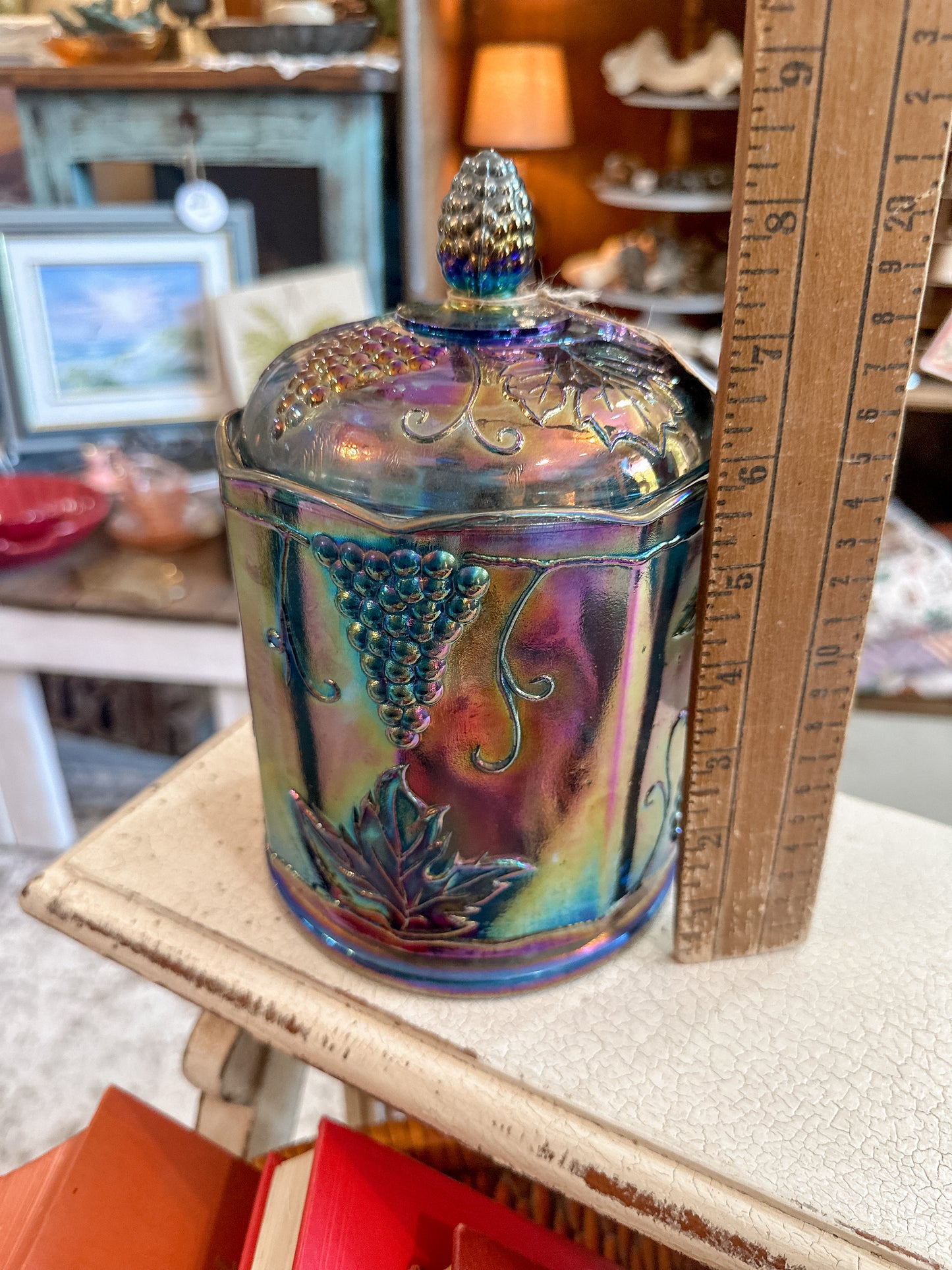 Vintage Indiana Iridescent Peacock Carnival Glass Blue Harvest Grape Lidded Canister or Cookie Jar