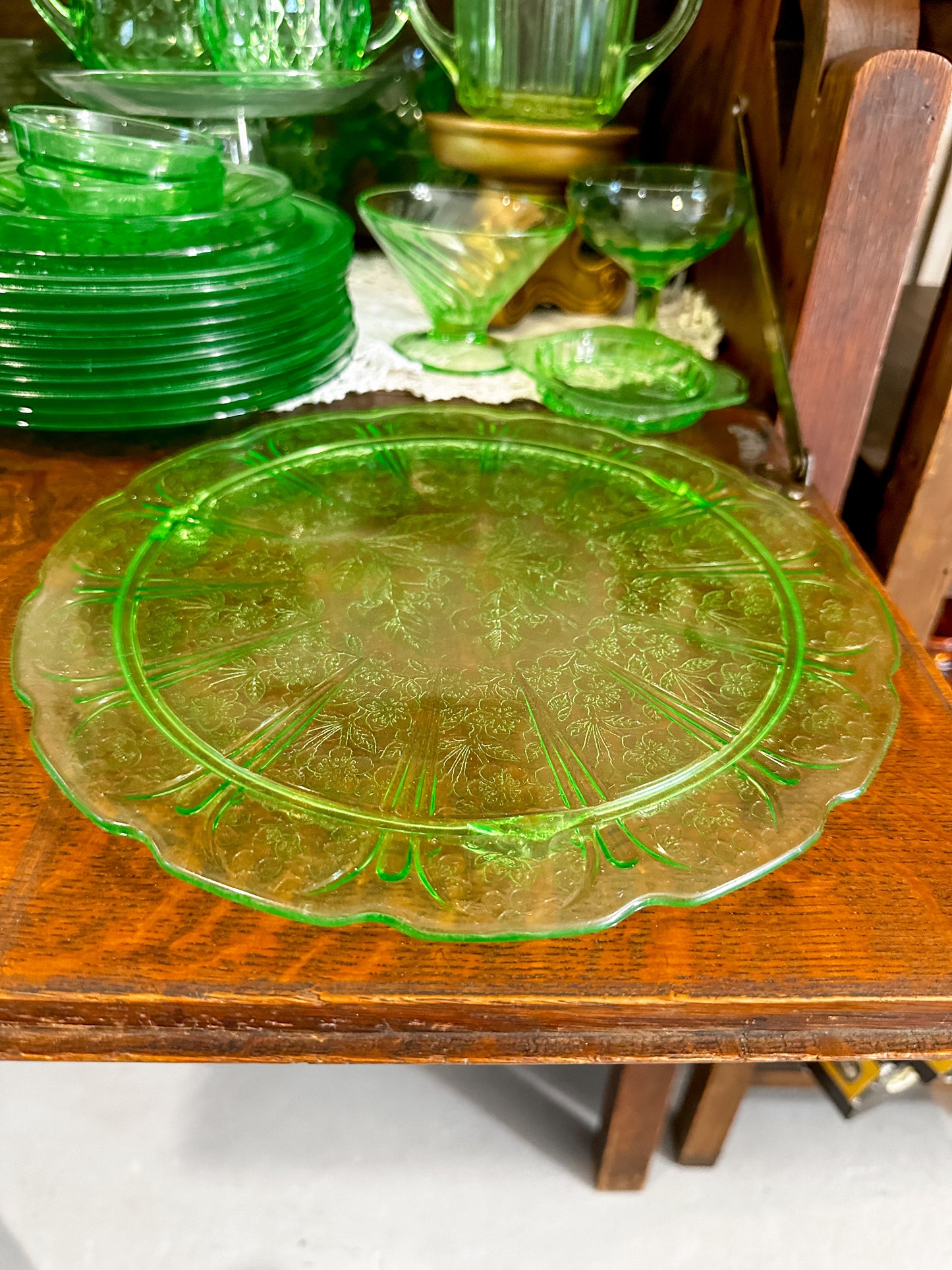 Antique Uranium Green Cherry Blossom footed cake plate.