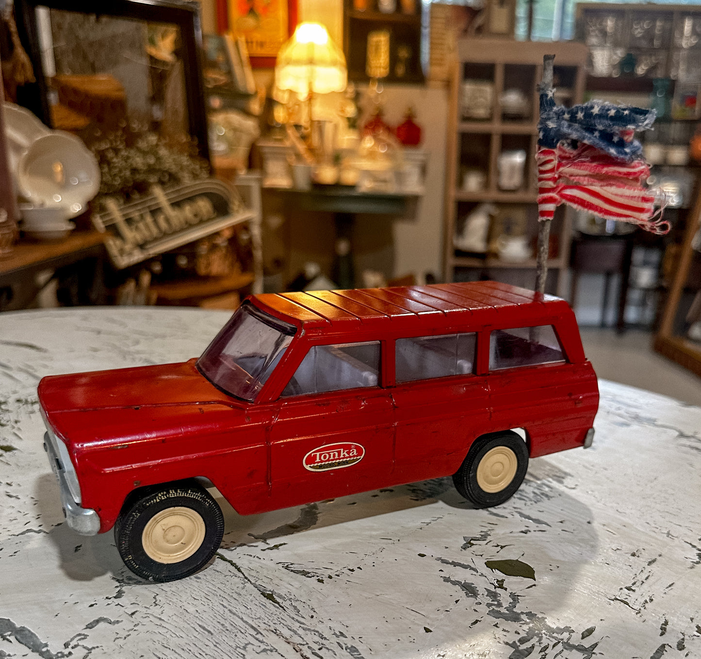 Vintage 1960's Tonka Red Jeep Wagoneer Pressed Steel Toy Truck