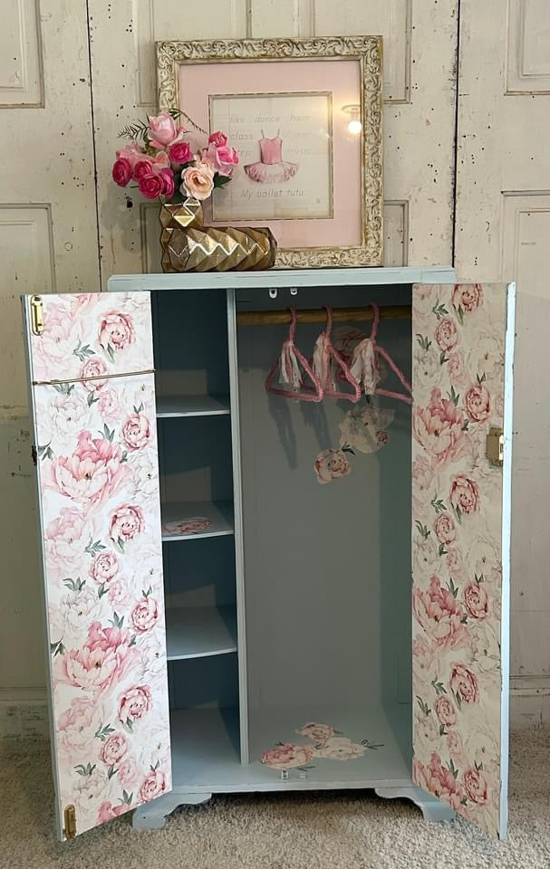 Vintage Armoire/Wardrobe/Chest  redone in SherwinWilliams "Sleepy Blue" then slightly distressed and sealed.